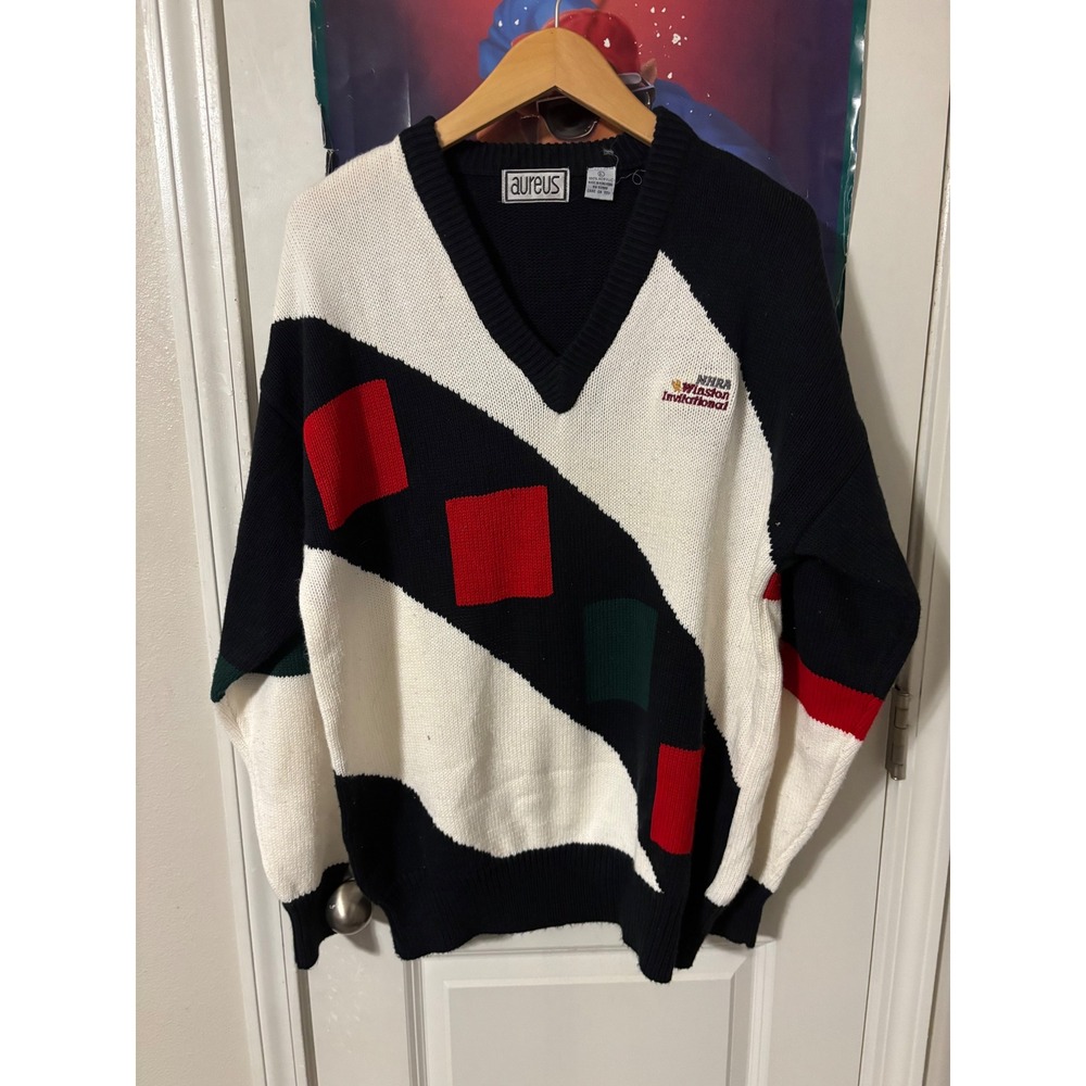 Vintage Aureus NHRA Winston Invitational V-Neck Sweater Navy White Red Large